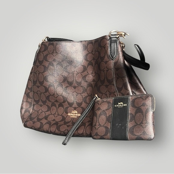 Coach Hallie Shoulder Bag In Signature Canvas Brown / Black F80298 & Wallet - Picture 1 of 16